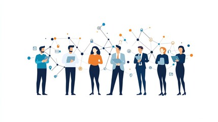 A group of business people are connected by lines.
