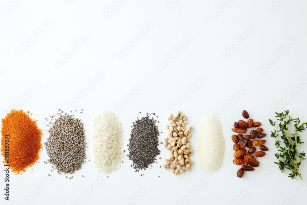 Aufkleber organic seeds, nuts, and herbs are arranged neatly on a white background, providing ample space for 