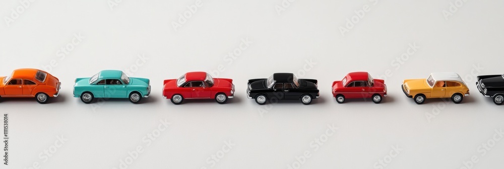 Poster Various miniature car models in bright colors are neatly arranged on a white surface, providing an engaging visual setup with ample space for text. Generative AI