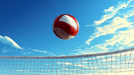 Red volleyball soaring over net against a bright blue sky with fluffy clouds.