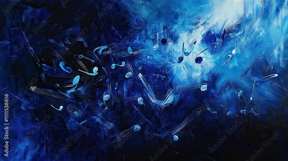 Poster floating music notes illuminated in vibrant blue tones, scattered across a dark abstract backdrop wi