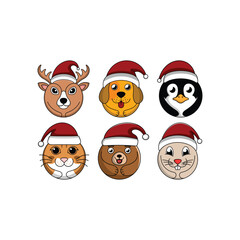 Set of Animal with Santa Hat Vector Illustration circle, design for christmas suitable for your brand