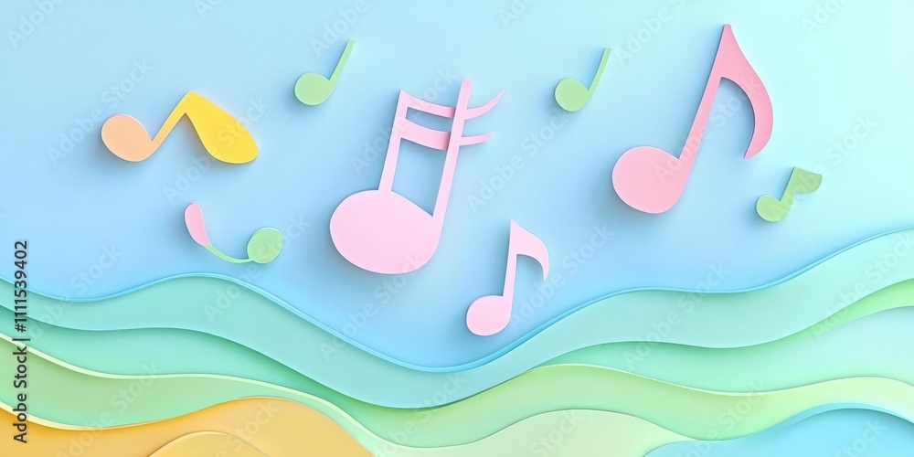 Poster paper-cut pastel music notes in soft pink, yellow, and green floating on a light blue abstract backg