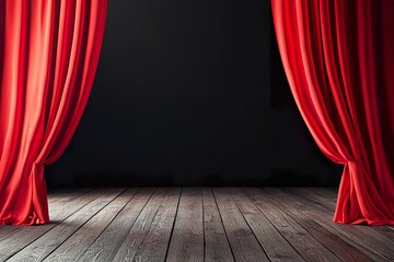 Fototapeta premium A theater stage with a red curtain, seats and a spotlight.