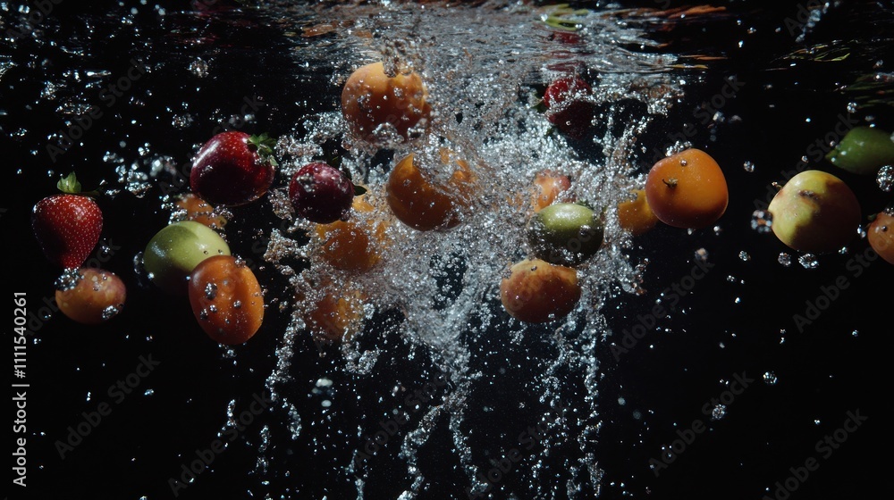 Aufkleber fruits splashing water on dark background creating dynamic visual effects
