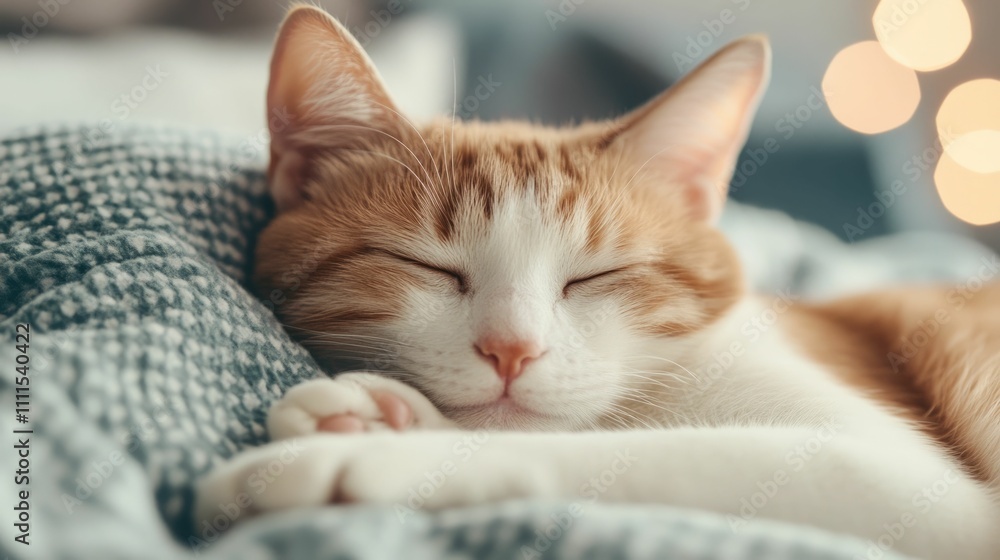 Poster cozy tabby cat curled up and napping peacefully on a soft warm surface during a tranquil evening at 