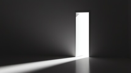 A door in a dark room is open, revealing bright light behind it.