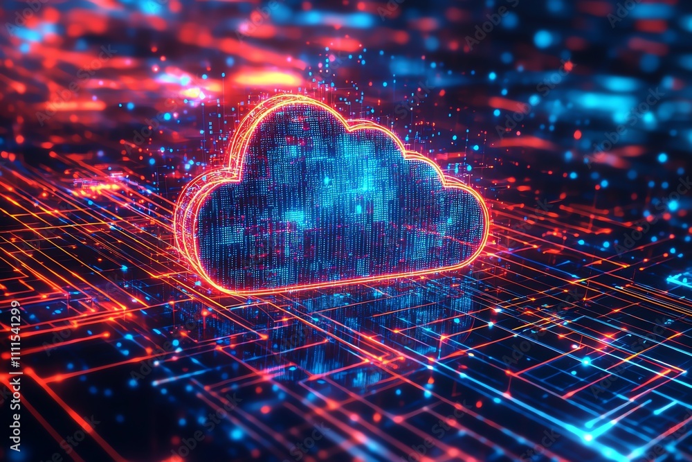 Poster a glowing cloud computing symbol on a digital network background.