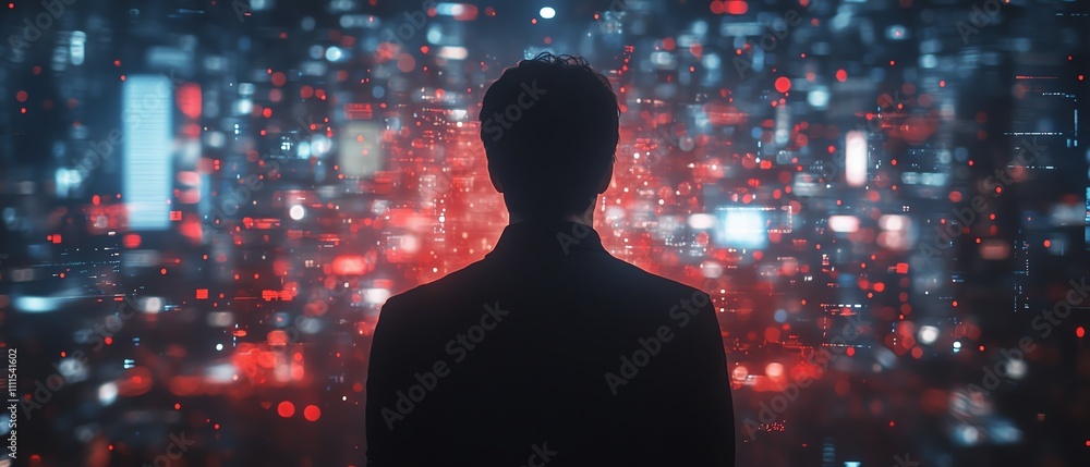 Poster back view of a man in a 3d cyberspace environment