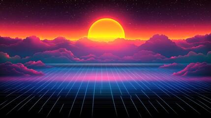 Retro sunset landscape with grid lines and clouds.