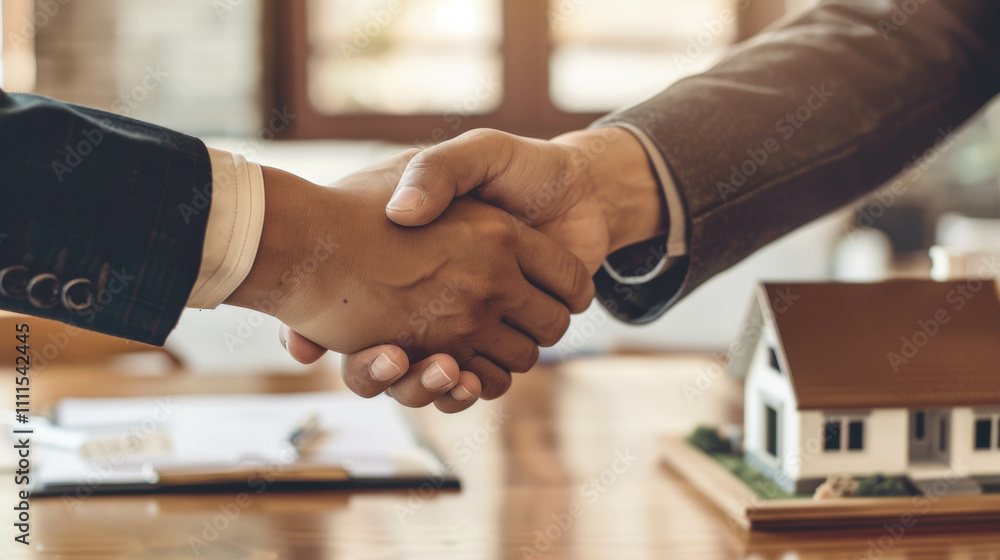 Aufkleber two men shaking hands on a table with a contract in front of them. scene is professional and serious