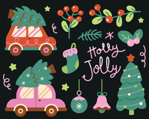 Cute Christmas Set Element with Car, Tree and Baubles Vector Illustration Collection
