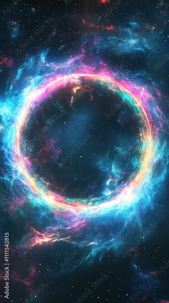 Poster vibrant cosmic swirl in space with glowing colors and nebula effect, featuring a circular shape and 