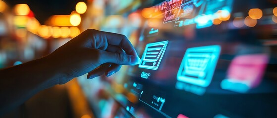 Finger pressing the buy button in an online store, symbolizing the add to cart action, online shopping experience, and seamless online sales process in a clean digital interface