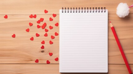 Blank spiral notebook on wooden table surrounded by red heart decorations and a red pencil creating a romantic or creative atmosphere for note-taking