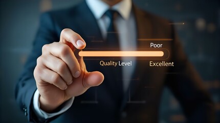 Businessman Adjusting Quality Level on a Futuristic Interface, Progress Bar from Poor to Excellent, Modern Technology Concept