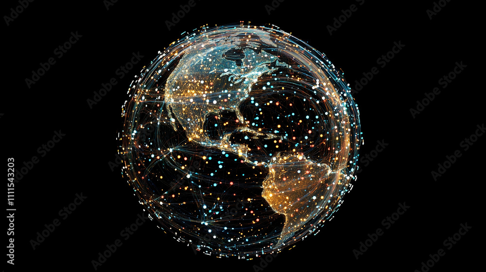 Poster digital representation of the earth showcasing global connectivity and data flow