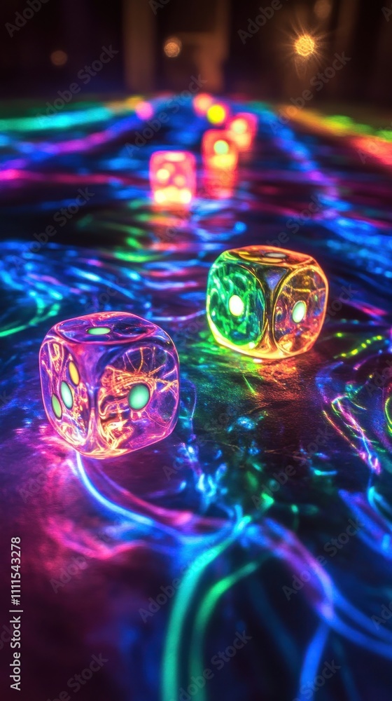 Poster Colorful LED Dice on a Reflective Surface Illuminated by Vibrant Light Patterns Creating a Fun and Playful Atmosphere for Gaming and Entertainment Activities