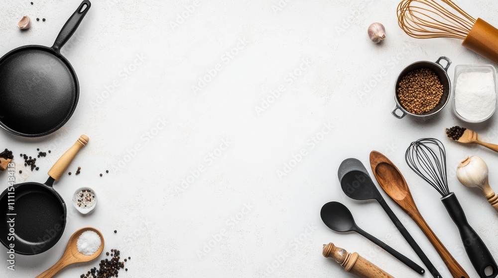 Poster Neatly arranged kitchen utensils on a white background create a perfect setting for recipe ideas or promotions. Generative AI