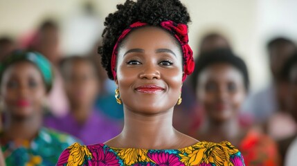 Portrait of a confident smiling African woman in a colorful dress and headband surrounded by a diverse crowd at an advocacy event promoting literacy and education programs