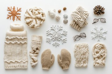 Cozy winter accessories like gloves and a scarf are arranged on a white background, complemented by decorative snowflakes and space for text. Generative AI