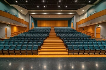 Naklejka premium Empty auditorium with tiered seating, wooden stairs, and a large stage. Perfect for education, performance, or event concepts.