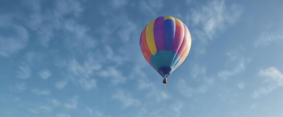 Fototapeta premium A single brightly colored balloon floats gently downwards in the clear blue sky as it loses buoyancy, downward motion, floating balloon, spherical shape