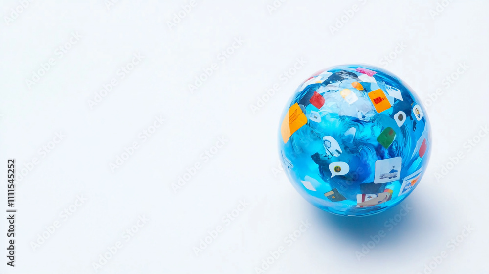 Poster colorful globe containing various icons representing digital communication elements