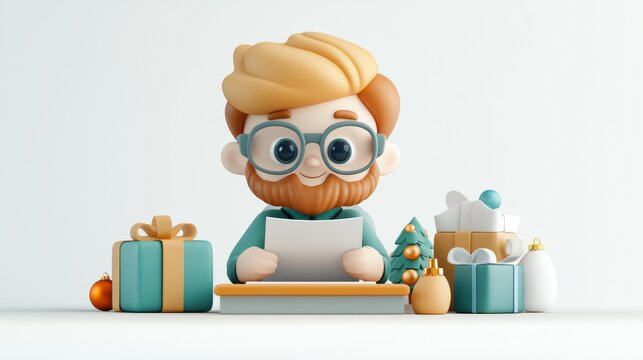 Whimsical 3D character in glasses surrounded by wrapped gifts and holiday decor, depicting joyful academic grading season
