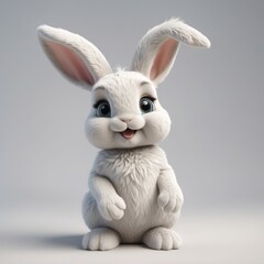 Fototapeta premium Adorable 3D rendered white bunny rabbit with big eyes, sitting and smiling.