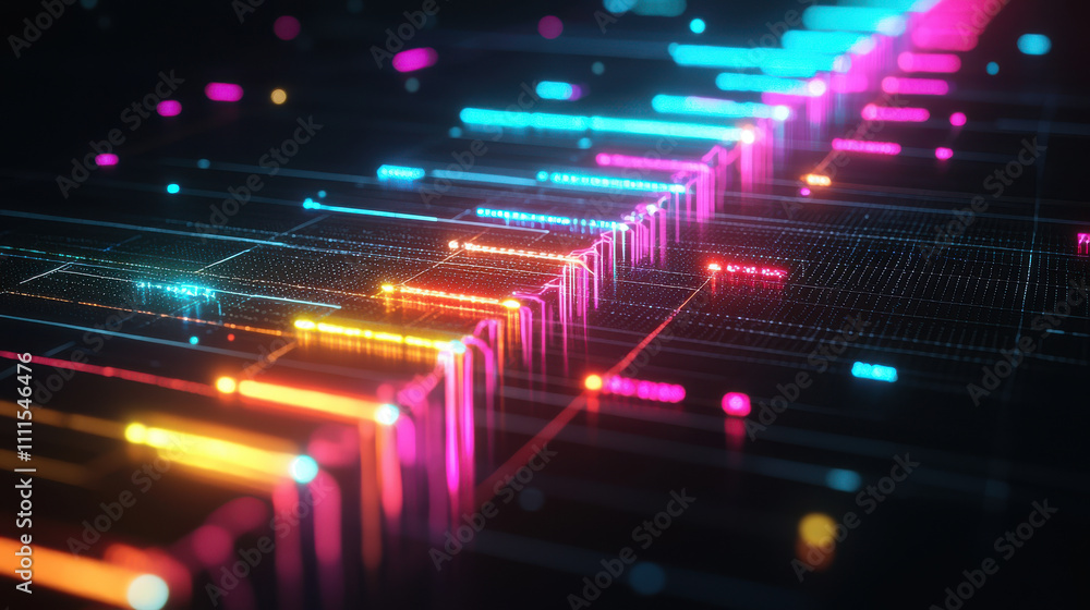 Poster gantt chart concept. futuristic digital timeline with vibrant neon colors and glowing bars, represen
