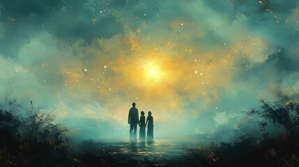 Fototapeta premium Nativity Scene with Holy Family Mary Joseph and Jesus Christ under Glowing Star in Soft Pastel Impressionism
