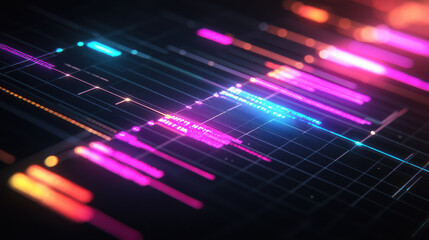 Gantt chart concept. futuristic Gantt chart design featuring vibrant holographic lines and grids, showcasing project timelines and tasks in visually striking manner