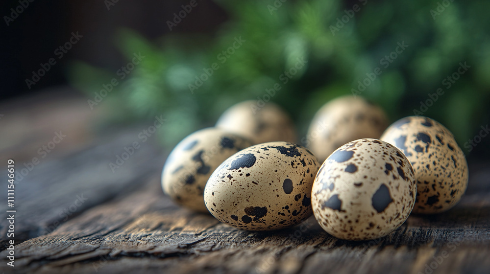 Aufkleber quail eggs on a wooden surface surrounded by greenery in a rustic setting