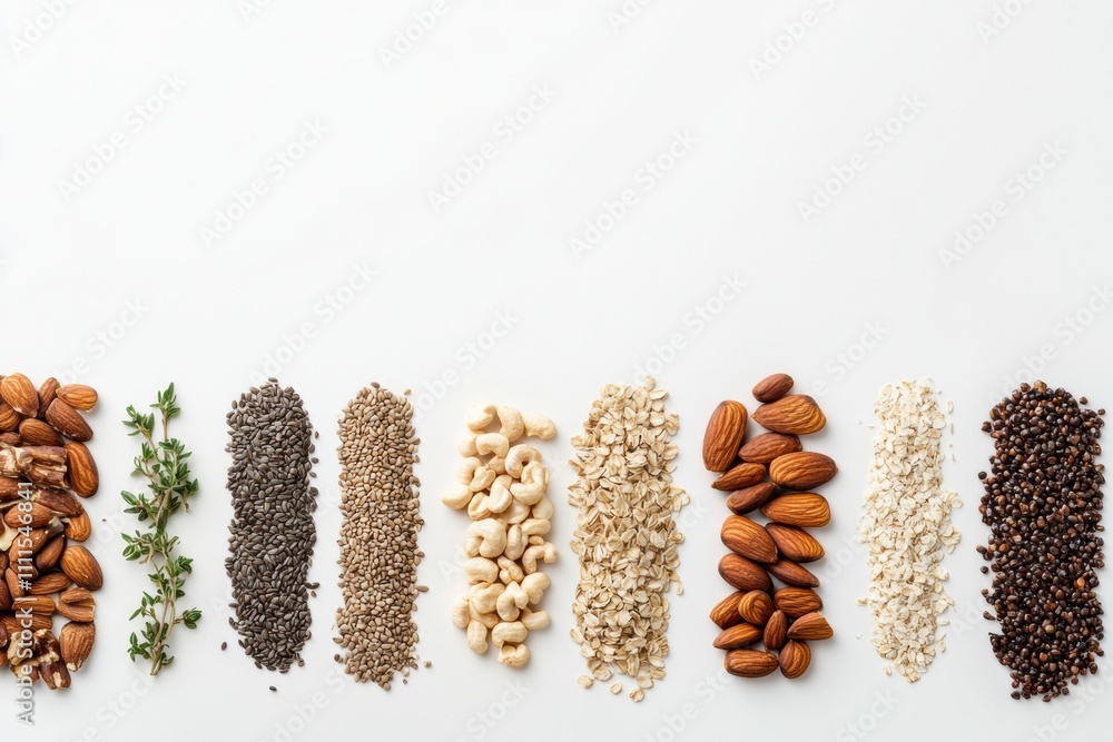 Poster natural ingredients like seeds, nuts, and herbs are neatly arranged on a bright white background, pr