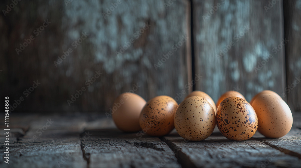 Aufkleber freshly gathered brown eggs arranged on a rustic wooden surface