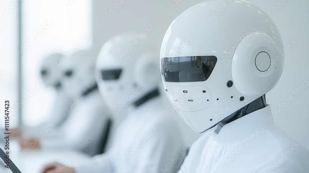 Poster a futuristic scene featuring robots with white helmets and suits working diligently at computers in 