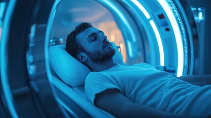 Biohacking with hyperbaric oxygen therapy, user in specialized chamber