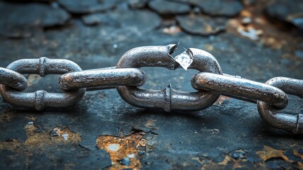 A close-up of a metal chain with one broken link.