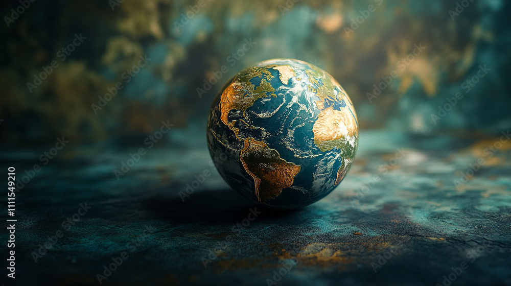 Poster globe resting on textured surface under soft light highlighting continents