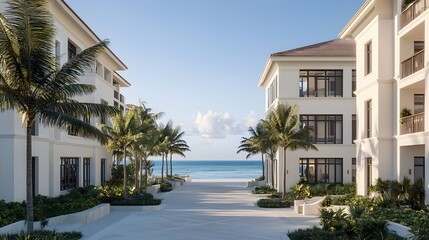 Fototapeta premium Serene exterior view of an exclusive oceanfront resort featuring elegant architecture, palm trees, and breathtaking ocean scenery under a clear blue sky