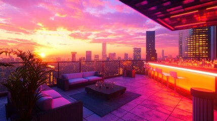 Fototapeta premium Stunning Rooftop Lounge with Colorful Sunset Over City Skyline, Modern Furniture and Illuminated Bar on High Rise Building, Perfect for Relaxation and Socializing