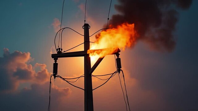 Electricity pole on fire