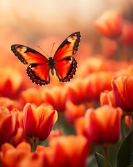 A close-up of a vibrant butterfly in mid-flight above a field of bright red tulips, with a softly blurred bokeh background and ample space for text