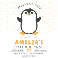 Greeting and invitation for kids first Birthday party. Cute baby animal penguin in flat childrens style. Vector illustration, design for card, poster, event, prints © Dukhanina Ekaterina