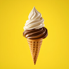 Soft served chocolate and vanilla ice cream cone on a yellow background