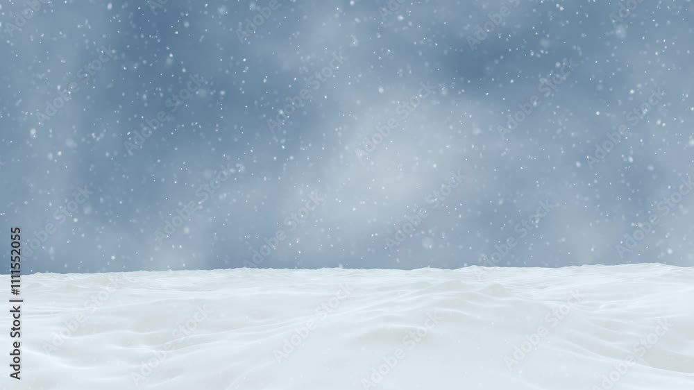 Poster snowy white landscape field with loop snowfall background.