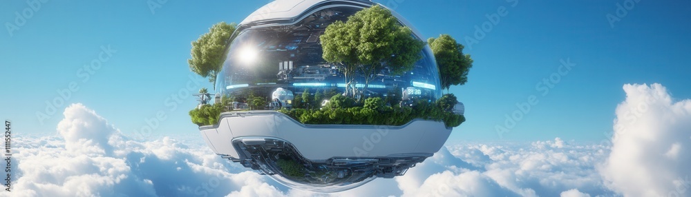 Poster a futuristic floating habitat surrounded by clouds, featuring greenery and advanced technology, symb