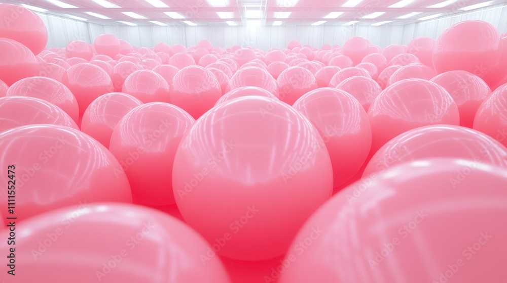 Poster a vibrant scene filled with numerous pink spheres, creating a playful and inviting atmosphere in a b