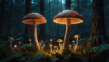 Fototapeta premium fly agaric mushroom , A dark forest path, glowing mushrooms light the way. Many mushrooms are visible.